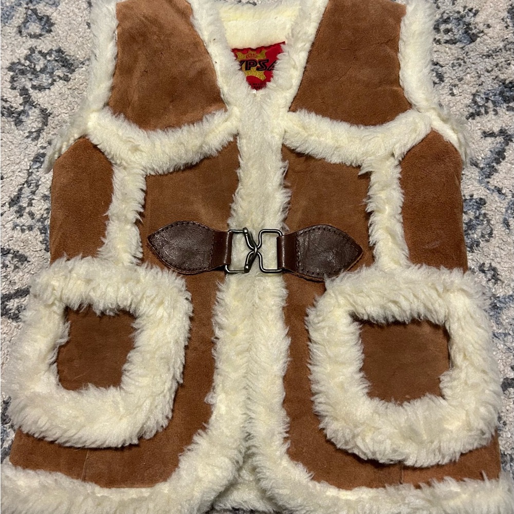 Kids Pypsa Genuine Leather & Faux Fur Vest with Buckle - Brown and Cream Size 6